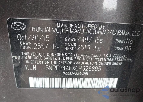 2016 Hyundai Sonata Se из США, поврежденный, VIN 5NPE24AFXGH326895